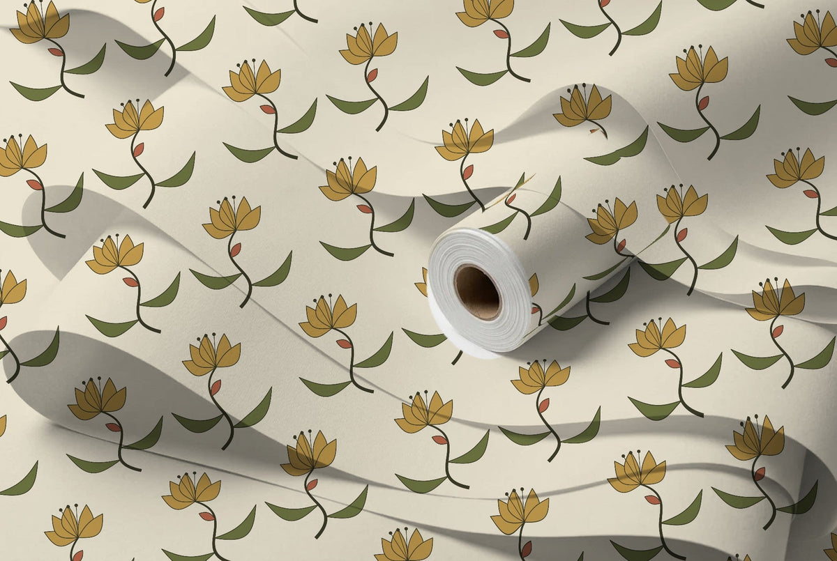 Rouleau de papier peint Lys Art nouveau – Olive et or, intissé premium