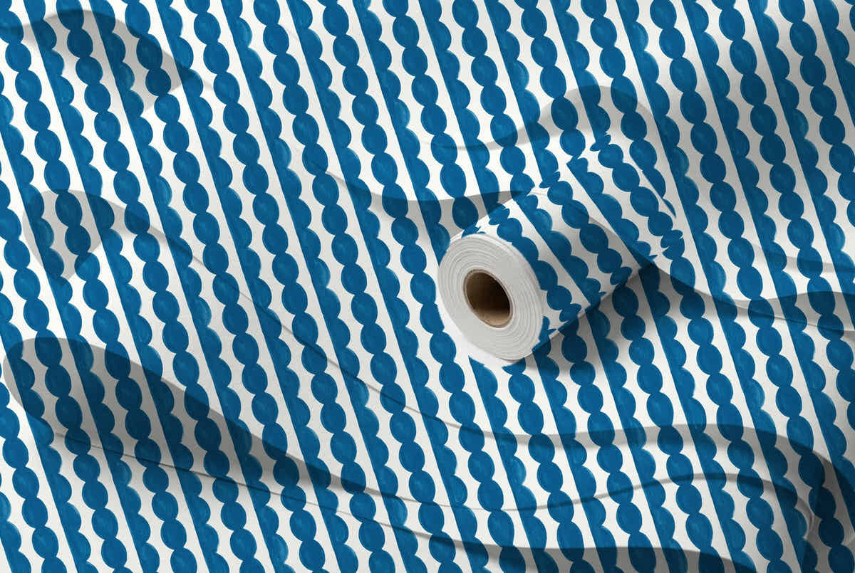 Papier peint Rayures festonnées – Bleu céruléen – rouleau et lés