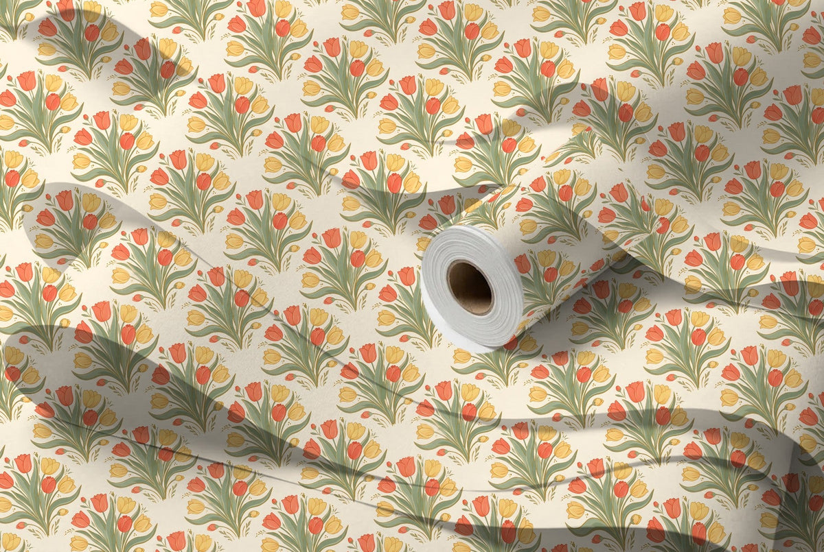 Papier peint Tulipes Art déco – Corail & sauge – rouleau et lés