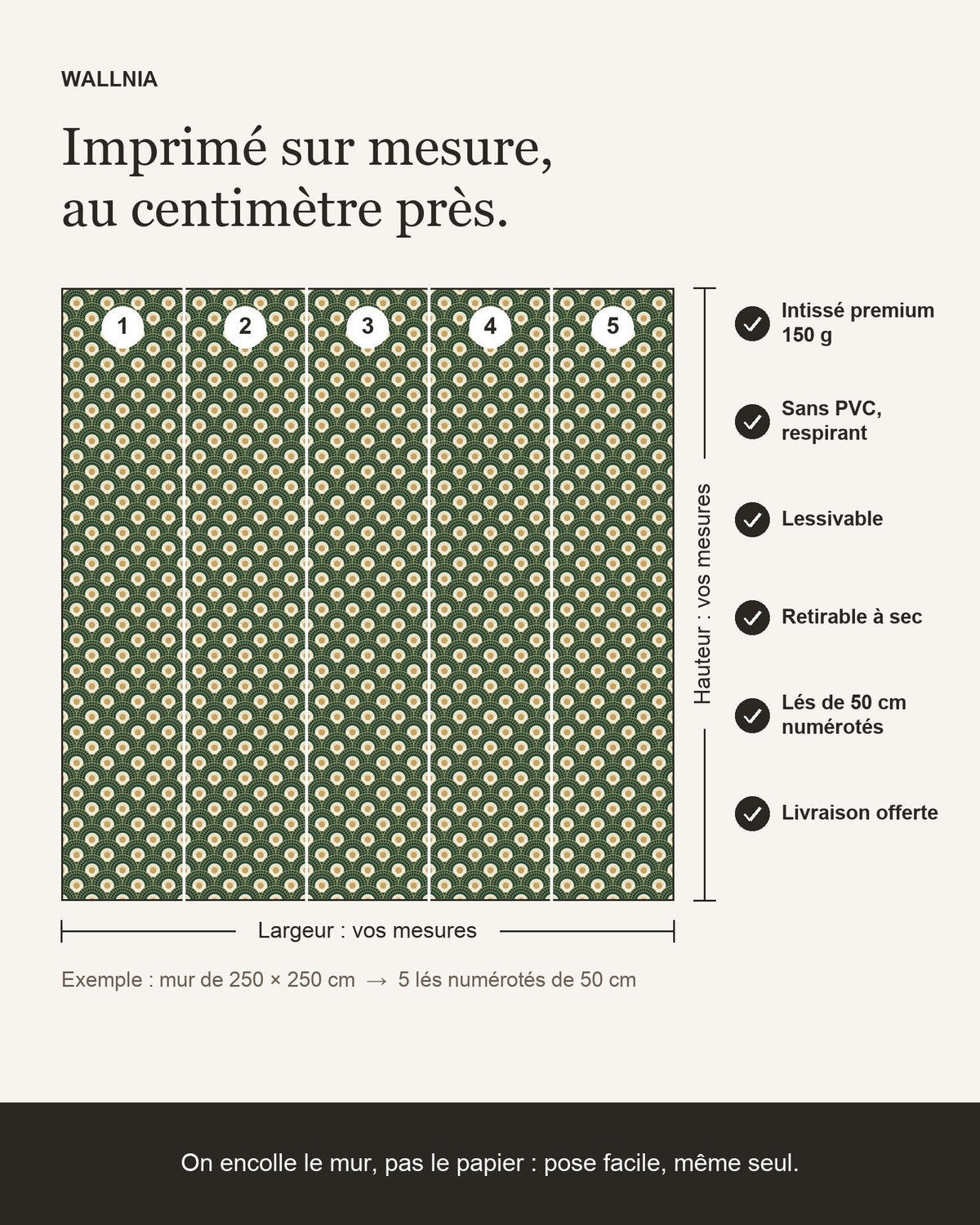 Infographie : papier peint Éventails Art déco – Émeraude et or sur mesure, lés de 50 cm