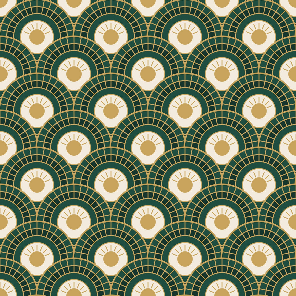 Papier peint Éventails Art déco – Émeraude et or, motif vert émeraude et or