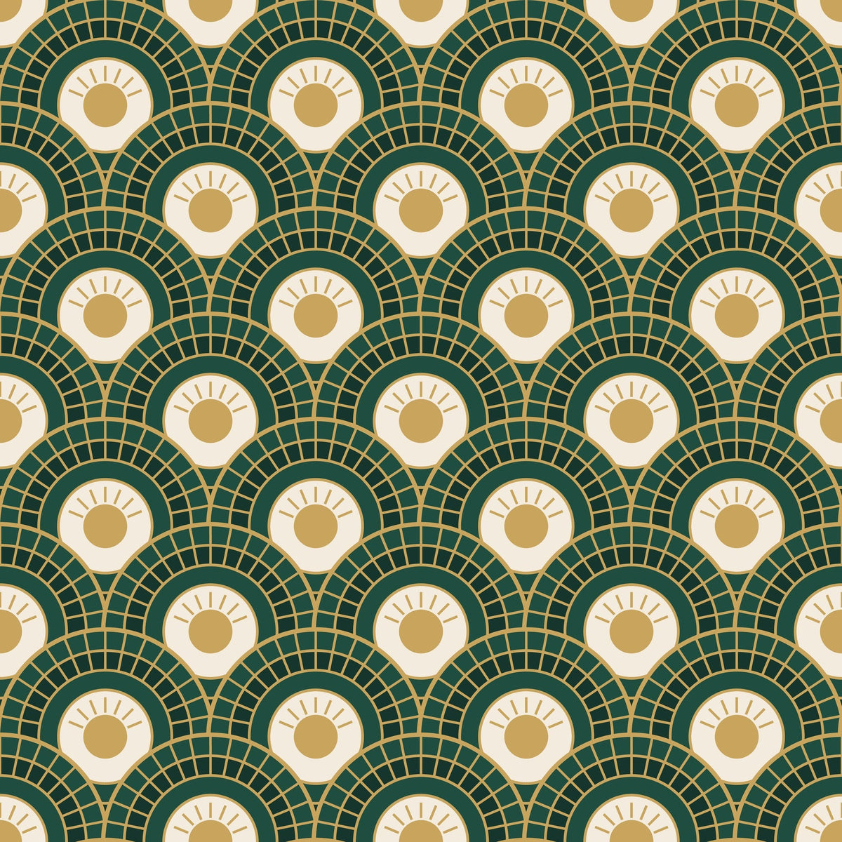 Papier peint Éventails Art déco – Émeraude et or, motif vert émeraude et or