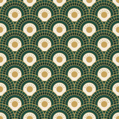 Papier peint Éventails Art déco – Émeraude et or, motif vert émeraude et or
