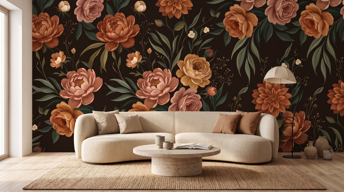 Salon avec papier peint panoramique Fleurs de velours Wallnia