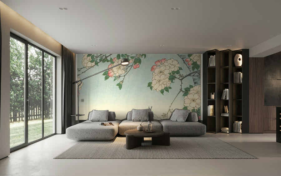 Salon moderne avec un papier peint panoramique fleuri Wallnia