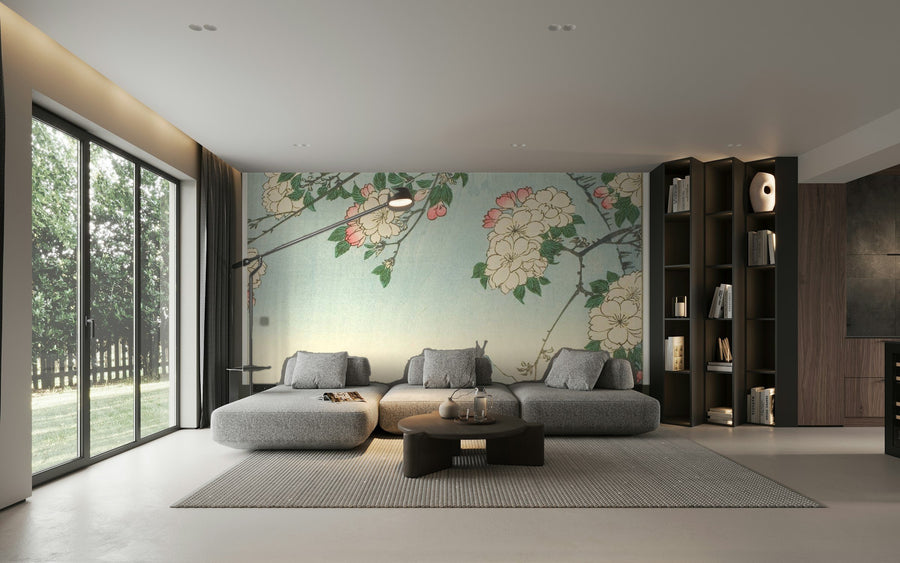 Salon moderne avec un papier peint panoramique fleuri Wallnia