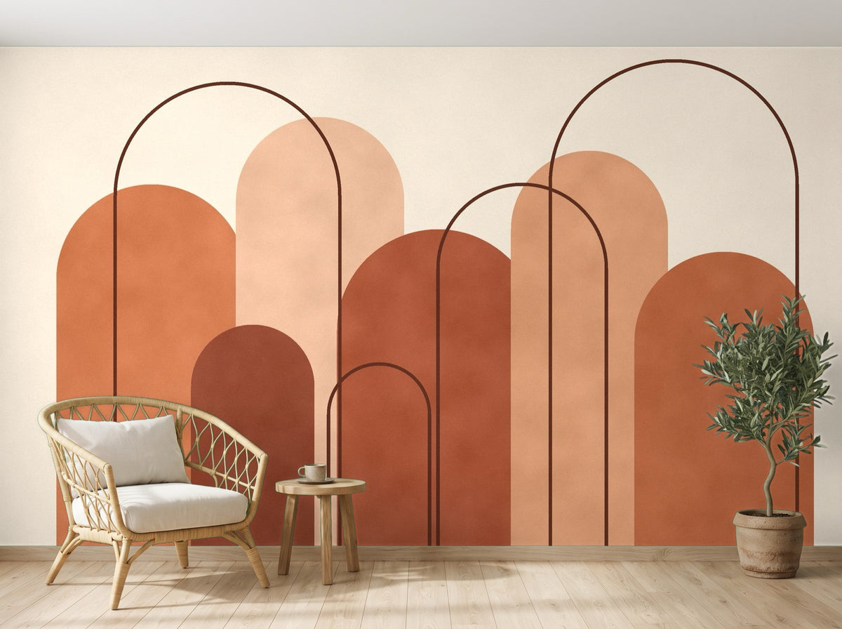 Papier peint Arches – Terracotta en situation (salon)