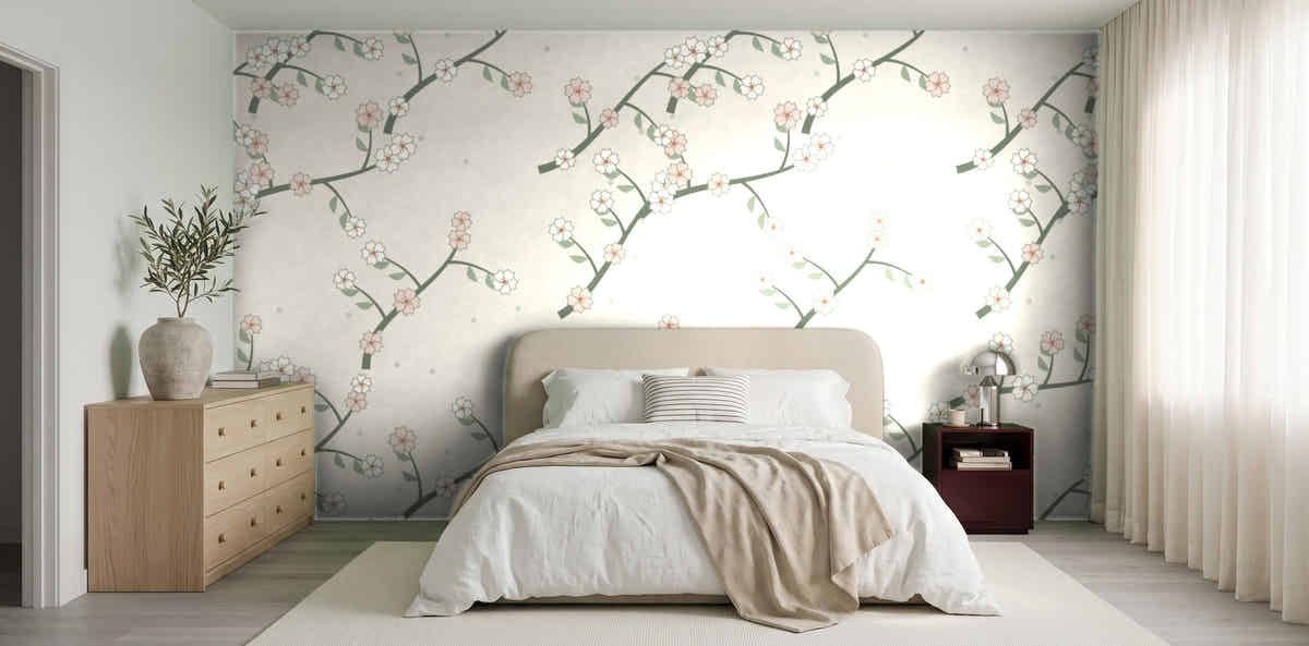 Papier peint Chinoiserie – Sauge dans une chambre japandi