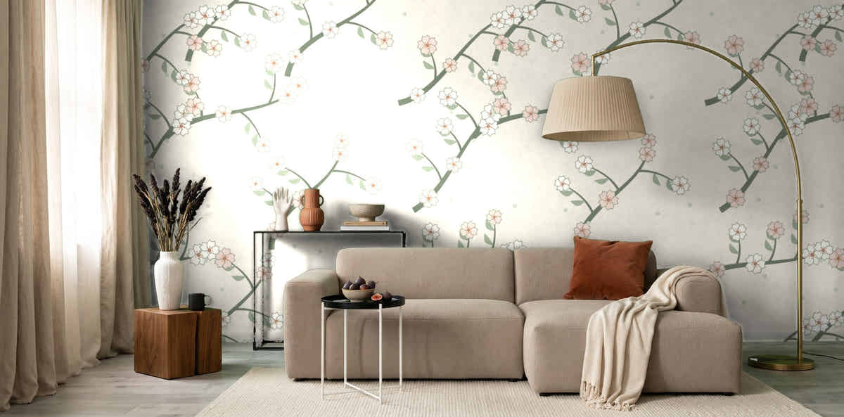 Papier peint Chinoiserie – Sauge dans un salon avec lampadaire arc