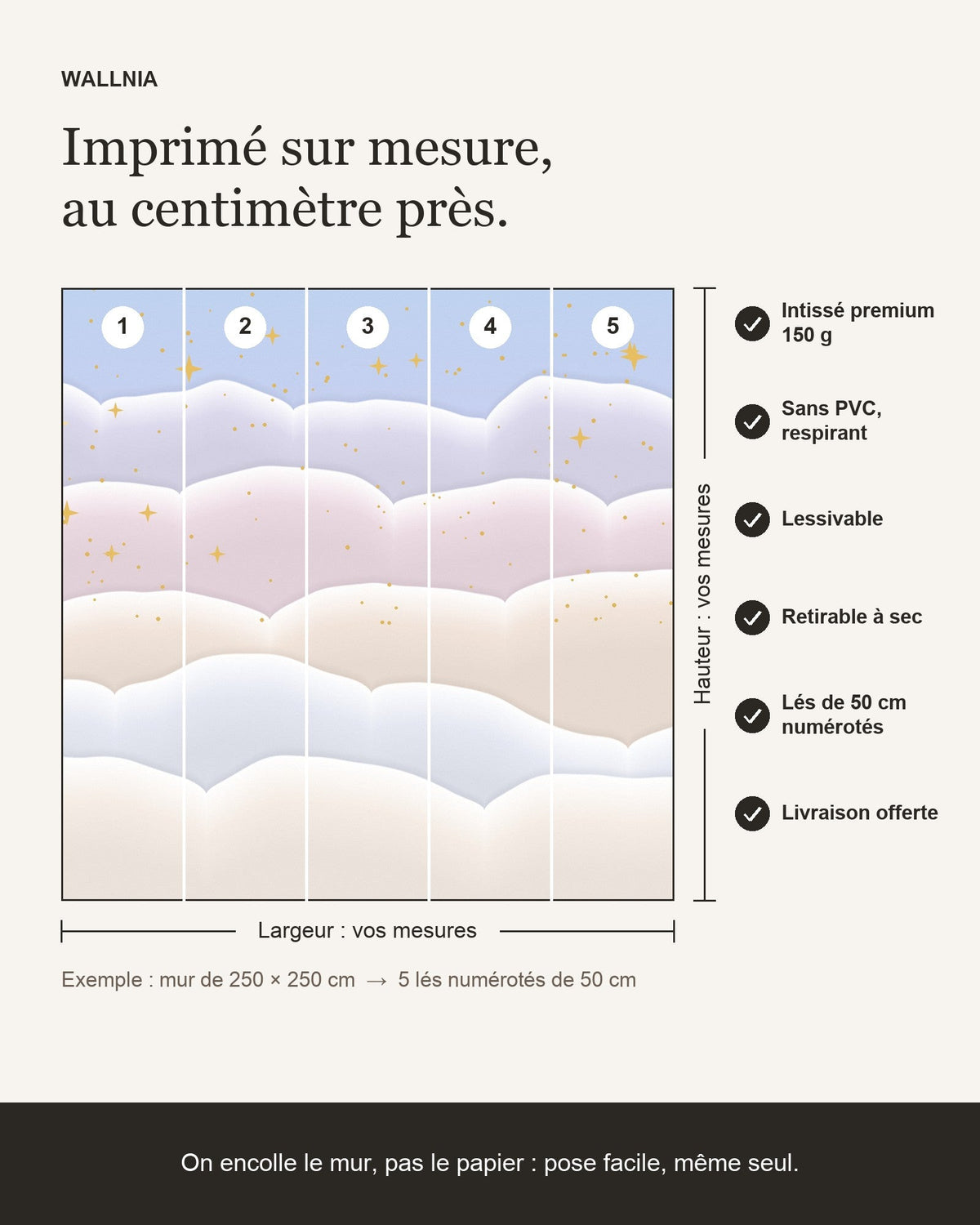 Infographie : papier peint Ciel de nuages – Pastel sur mesure, lés de 50 cm
