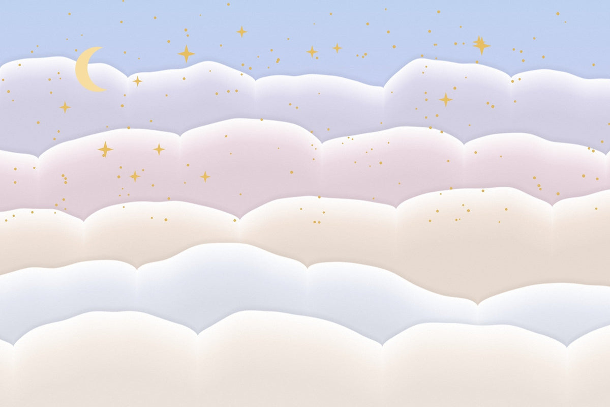 Papier peint Ciel de nuages – Pastel, nuages pastel et étoiles dorées