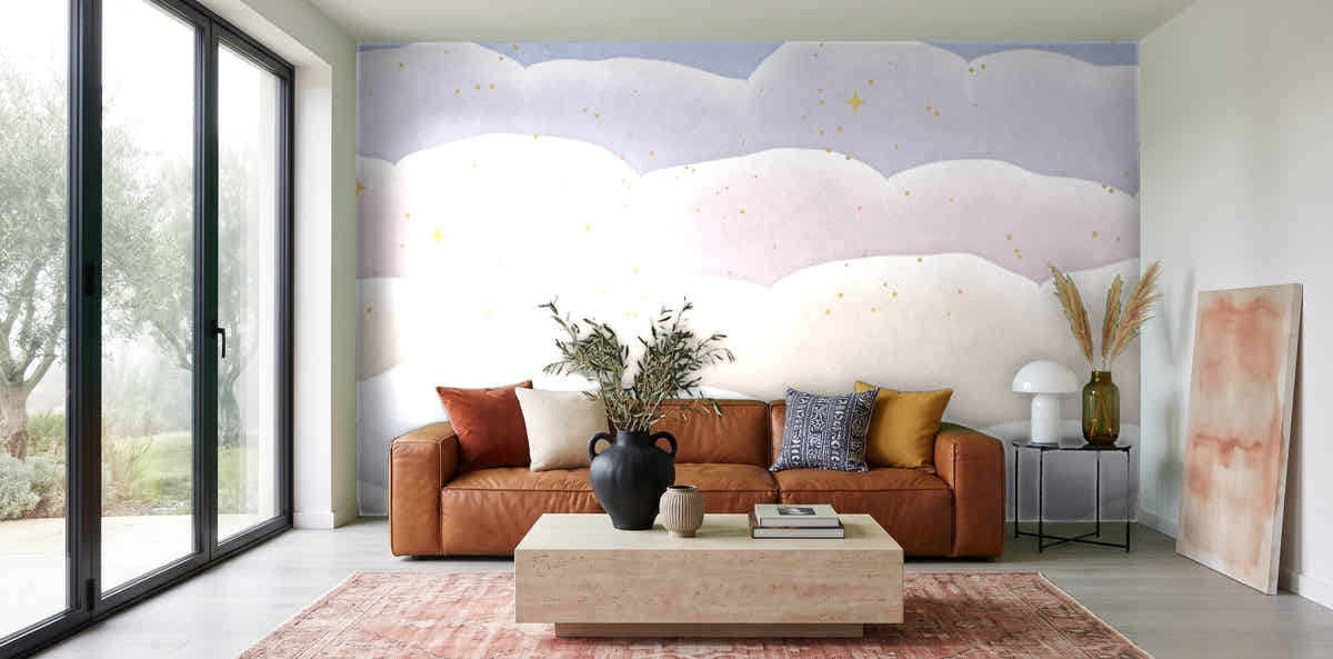 Papier peint Ciel de nuages – Pastel dans un salon avec baie vitrée