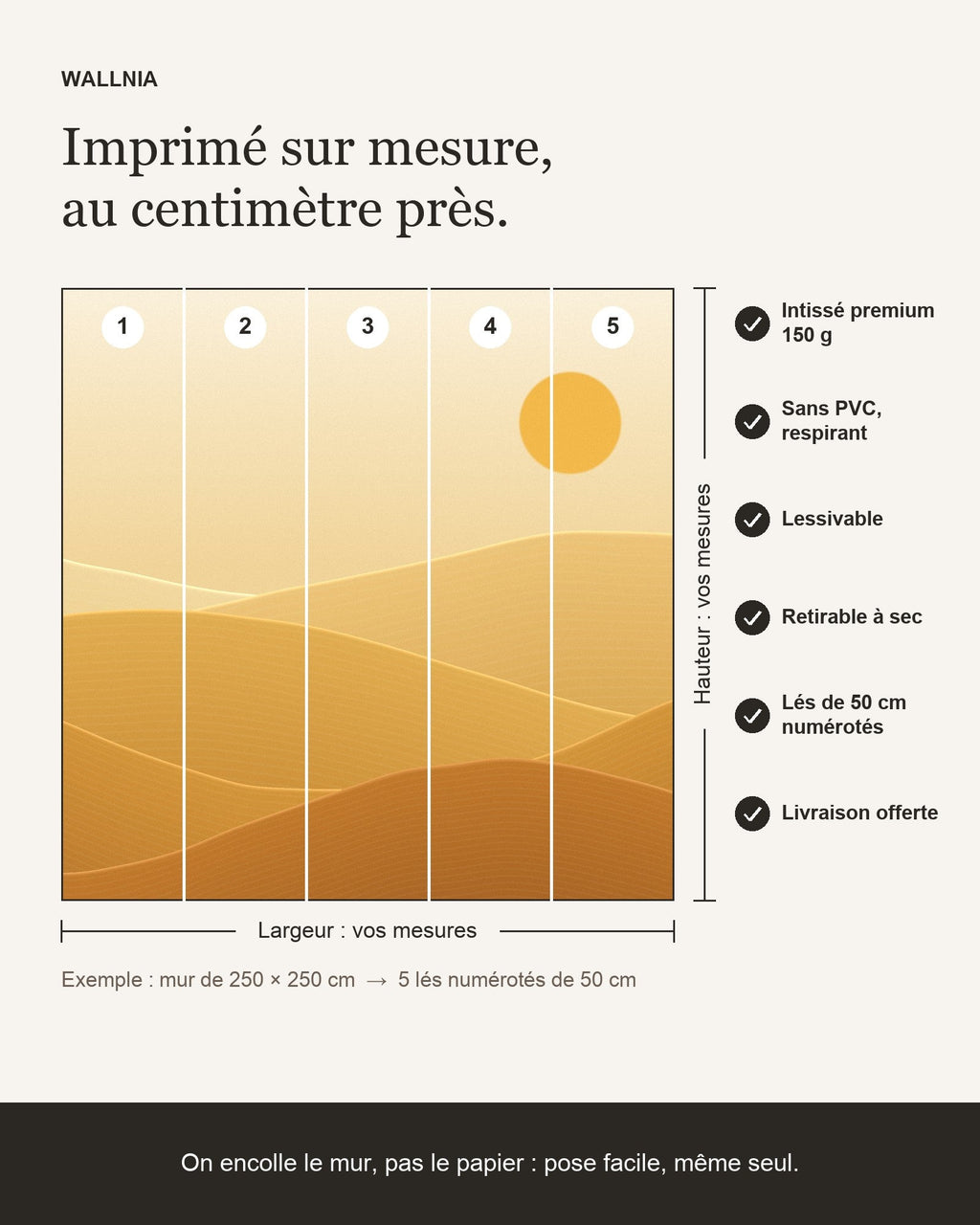Infographie : papier peint Dunes dorées sur mesure, lés de 50 cm