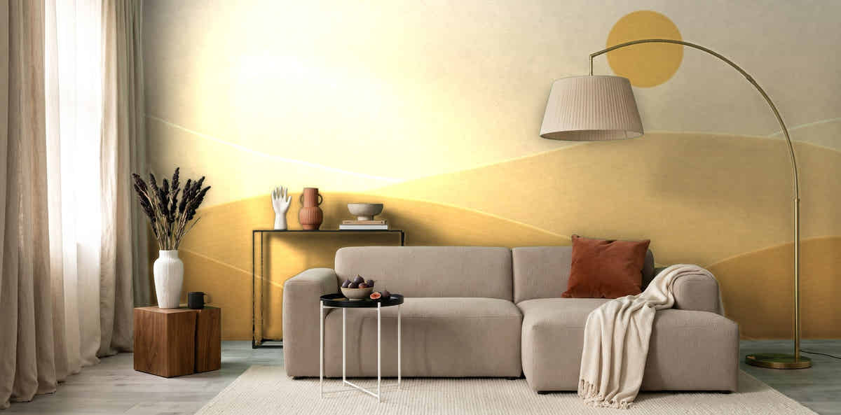 Papier peint Dunes dorées dans un salon avec lampadaire arc