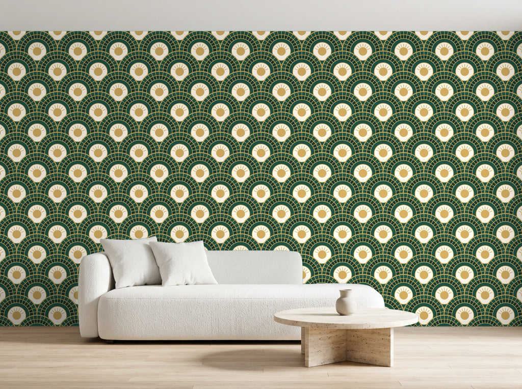 Papier peint Éventails Art déco – Émeraude et or en situation (salon)