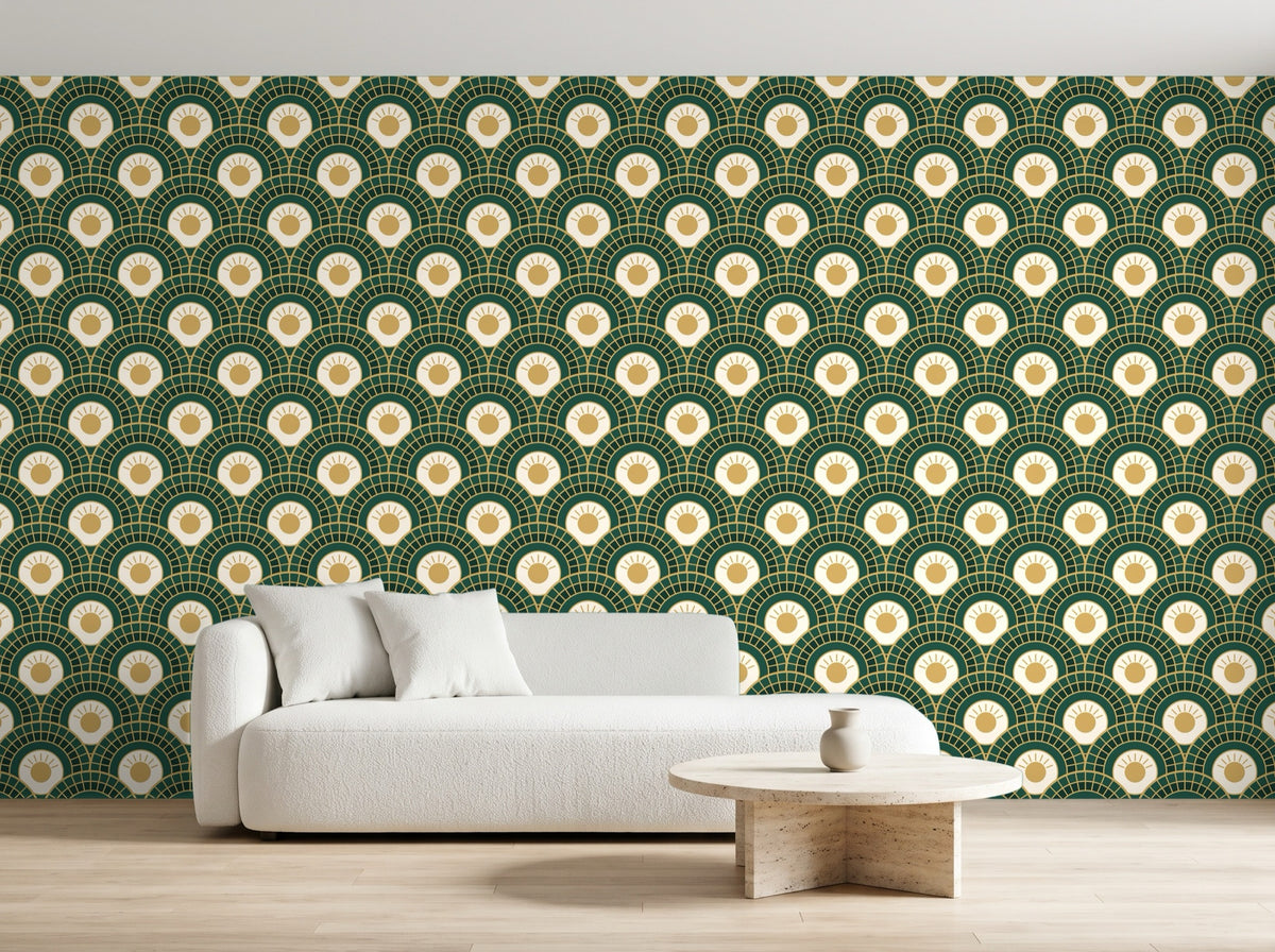 Papier peint Éventails Art déco – Émeraude et or en situation (salon)