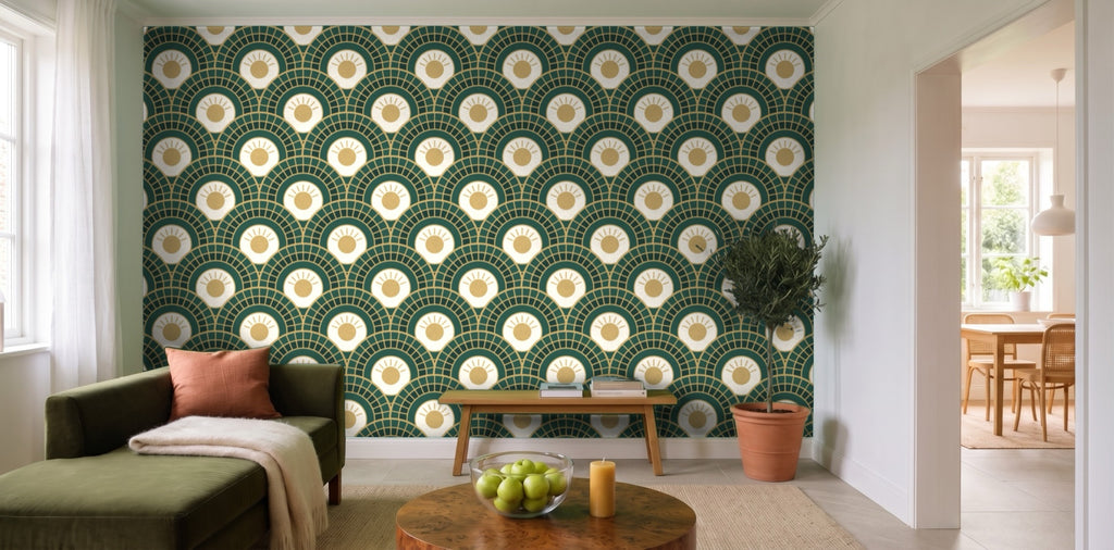 Papier peint Éventails Art déco – Émeraude et or dans un salon lumineux