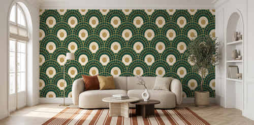 Papier peint Éventails Art déco – Émeraude et or dans un salon parisien