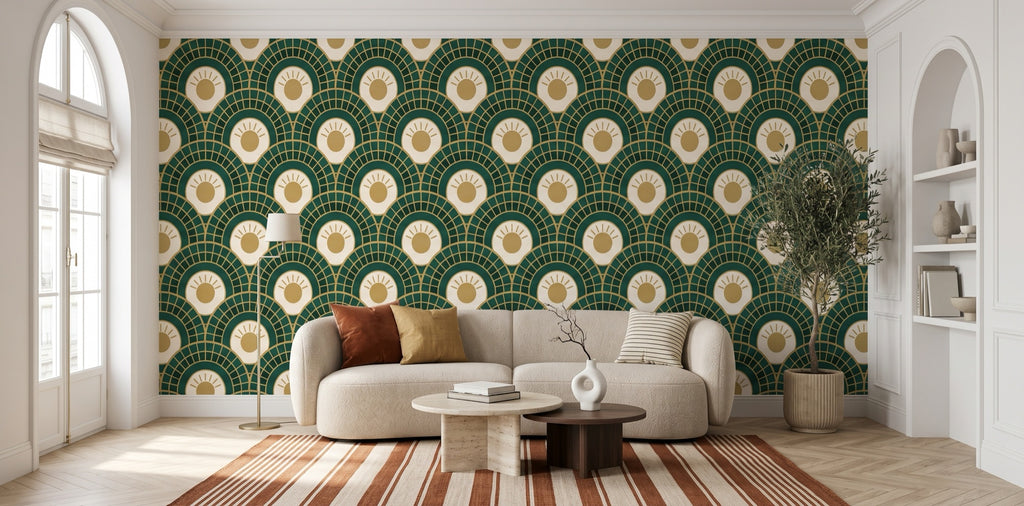 Papier peint Éventails Art déco – Émeraude et or dans un salon parisien