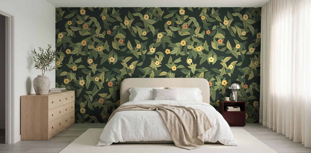 Papier peint Feuillage – Olive sombre dans une chambre japandi