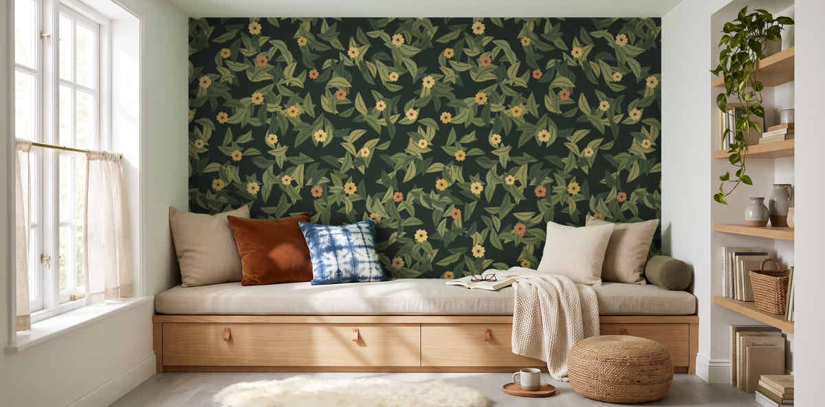Papier peint Feuillage – Olive sombre dans un coin lecture