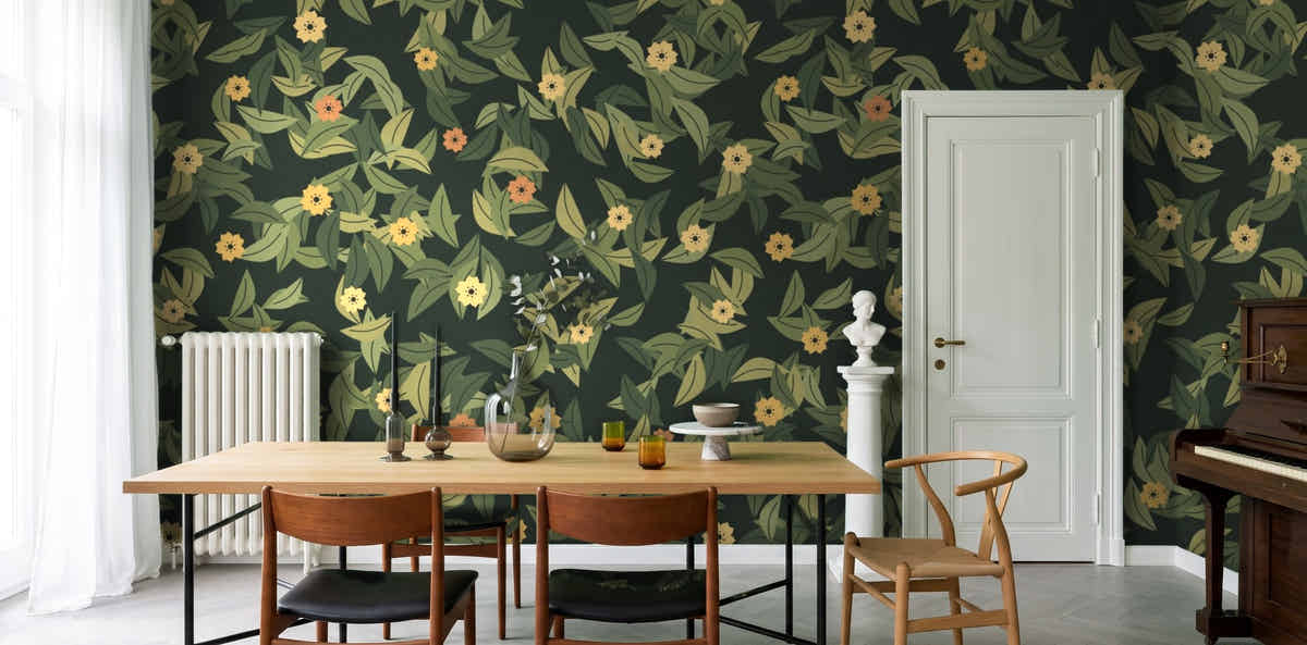 Papier peint Feuillage – Olive sombre dans une salle à manger de maison de maître