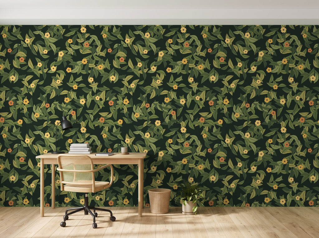Papier peint Feuillage – Olive sombre en situation (bureau)