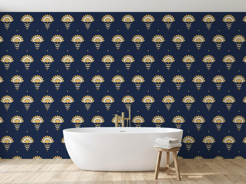 Papier peint Fleurs Art déco – Nuit et or en situation (salle de bain)