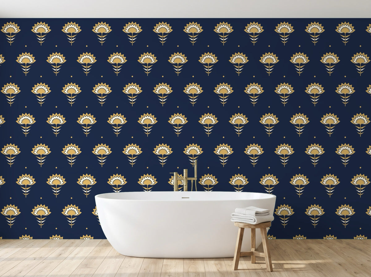 Papier peint Fleurs Art déco – Nuit et or en situation (salle de bain)