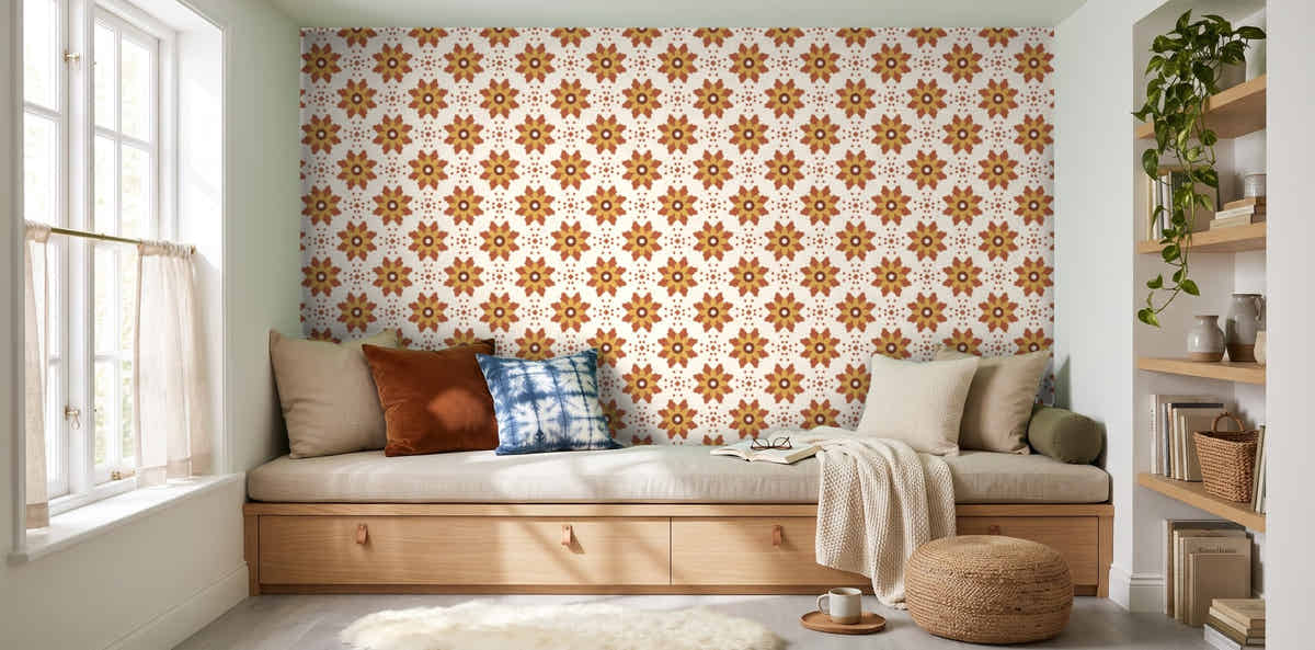 Papier peint Fleurs block-print – Terracotta dans un coin lecture