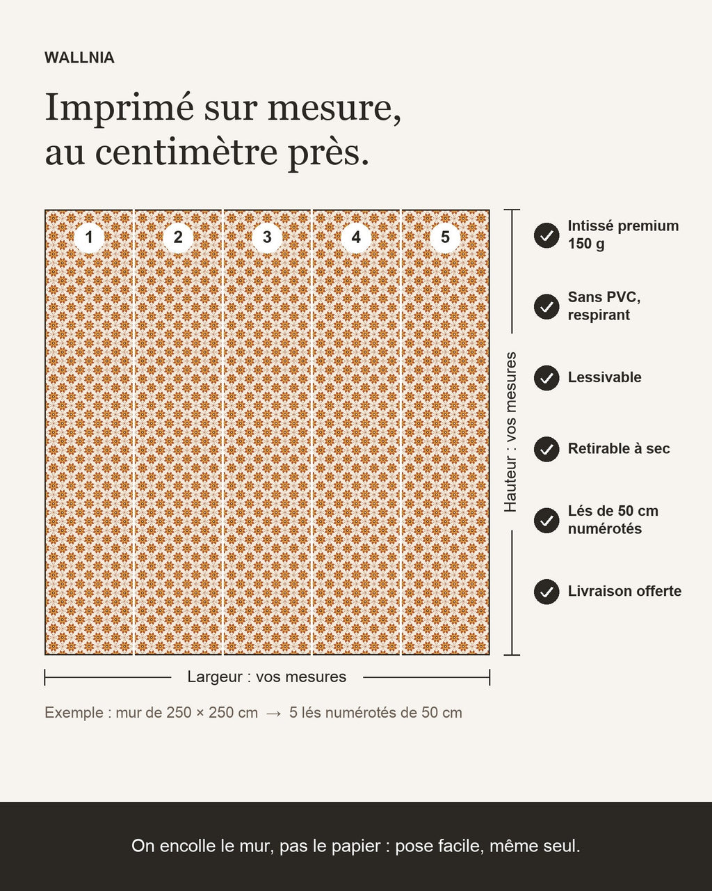 Infographie : papier peint Fleurs block-print – Terracotta sur mesure, lés de 50 cm