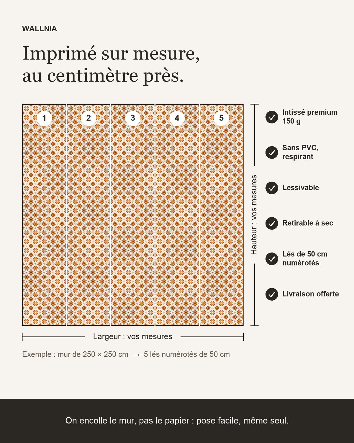 Infographie : papier peint Fleurs block-print – Terracotta sur mesure, lés de 50 cm