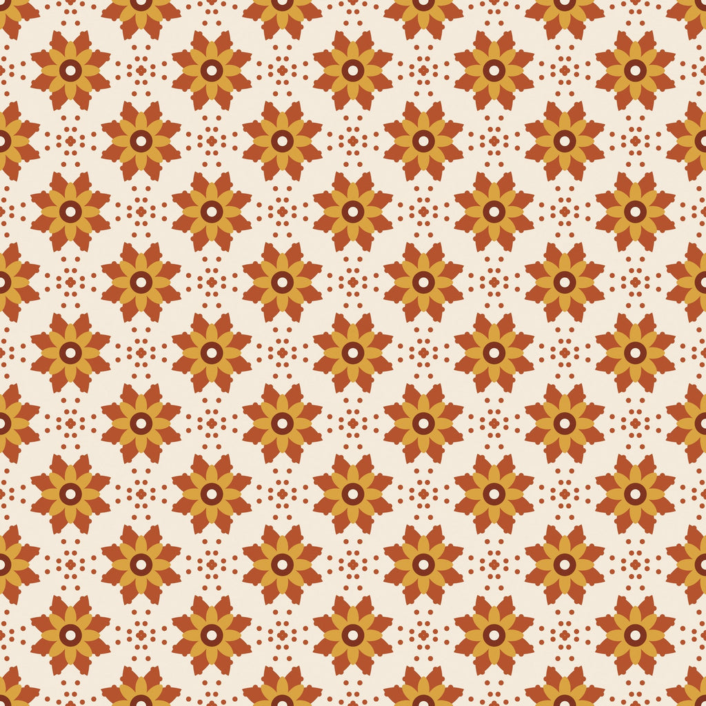 Papier peint Fleurs block-print – Terracotta, fleurs block-print terracotta et ocre
