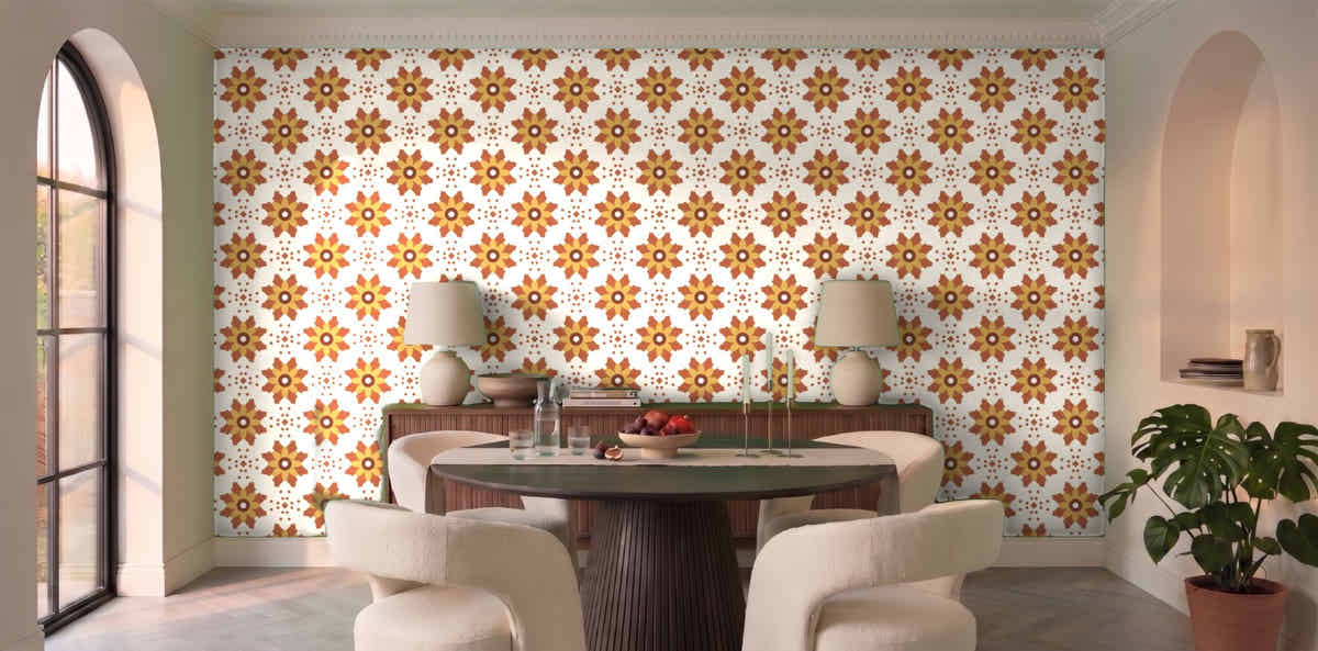 Papier peint Fleurs block-print – Terracotta dans une salle à manger