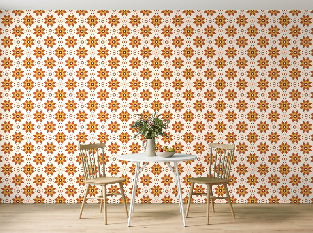 Papier peint Fleurs block-print – Terracotta en situation (coin repas)