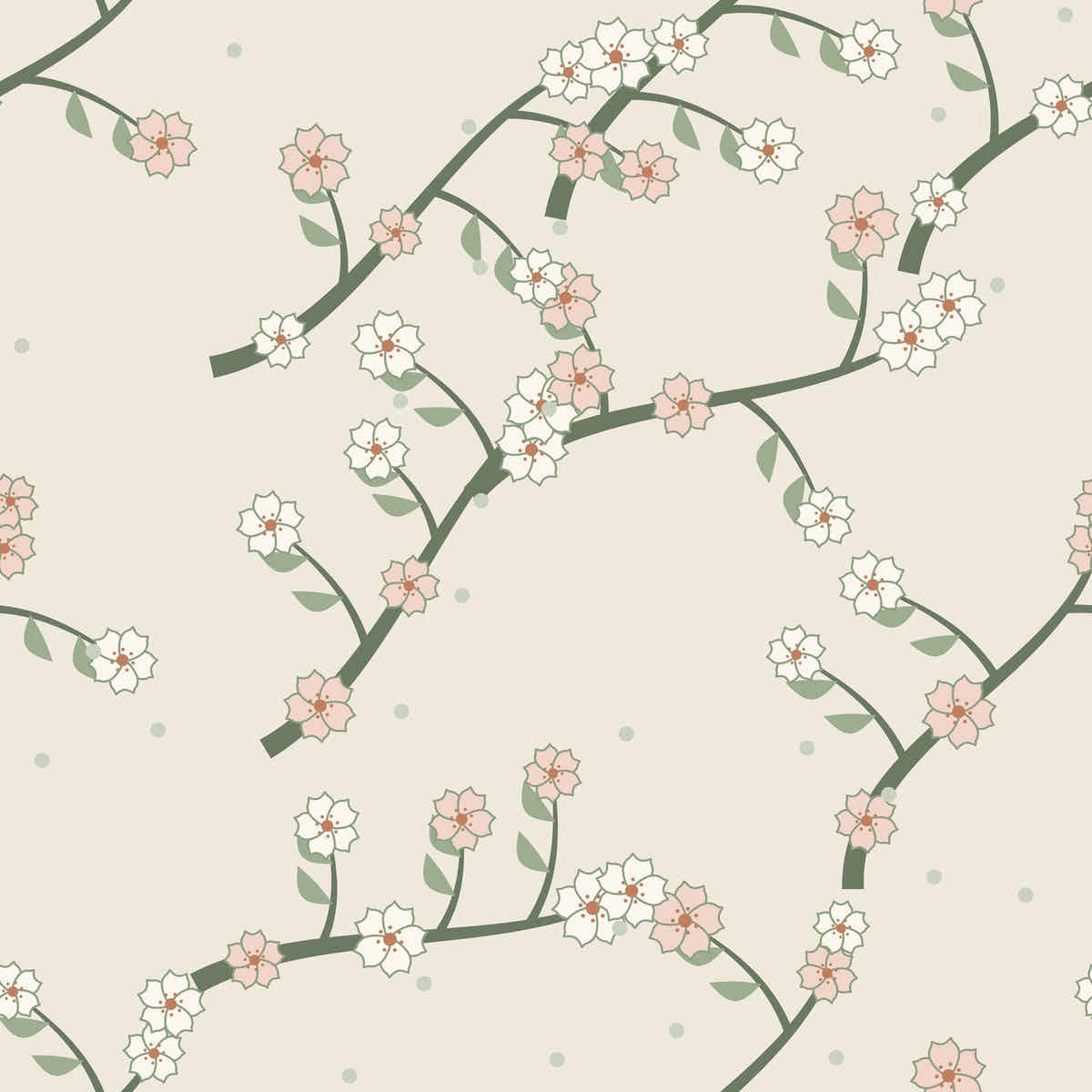 Papier peint Chinoiserie – Sauge, motif branches fleuries vert sauge sur fond lin