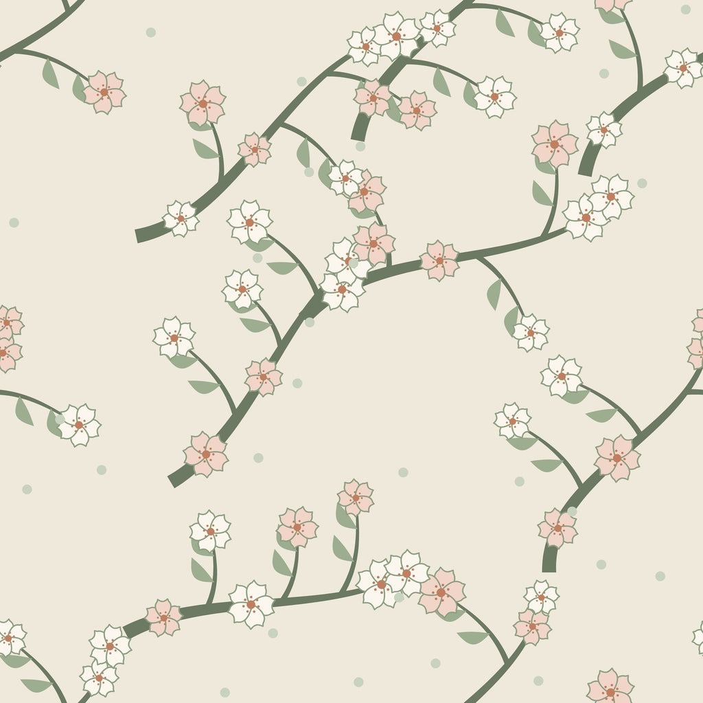 Papier peint Chinoiserie – Sauge, motif branches fleuries vert sauge sur fond lin