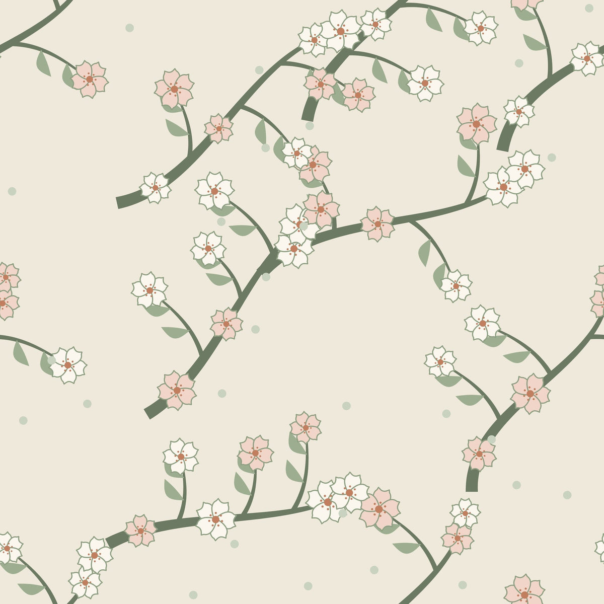 Papier peint Chinoiserie – Sauge, motif branches fleuries vert sauge sur fond lin