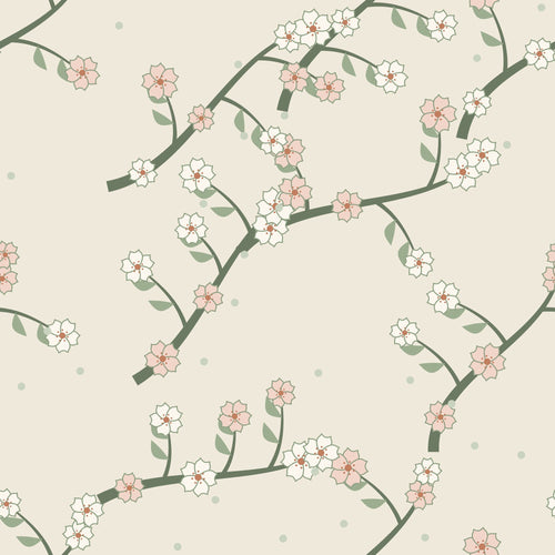 Papier peint Chinoiserie – Sauge, motif branches fleuries vert sauge sur fond lin
