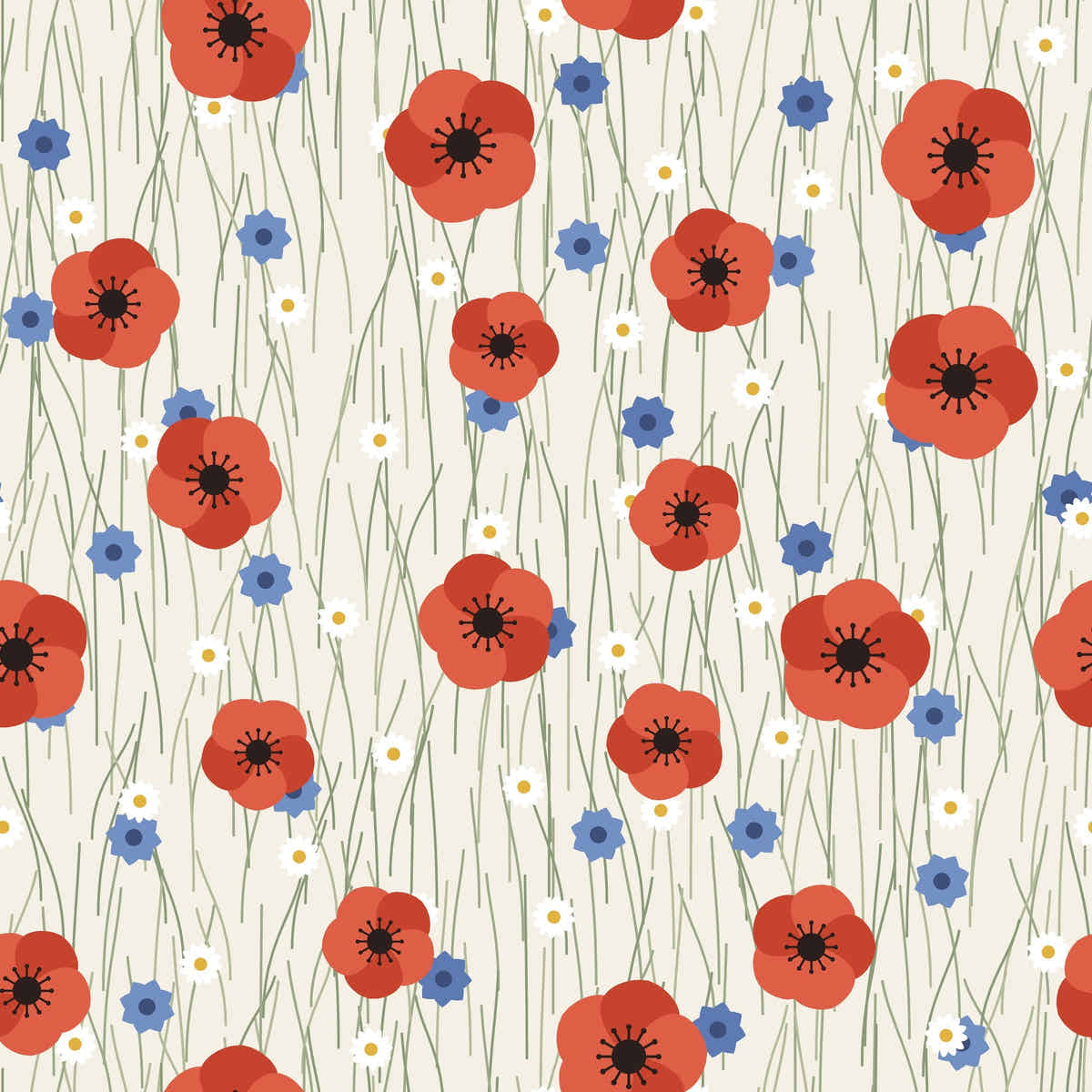 Papier peint Coquelicots des champs, motif coquelicots, bleuets et marguerites