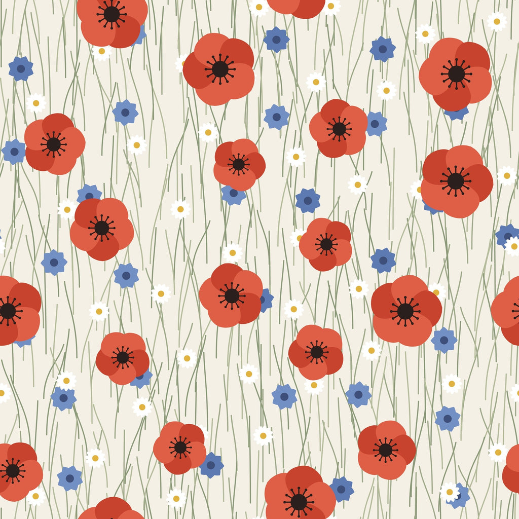 Papier peint Coquelicots des champs, motif coquelicots, bleuets et marguerites