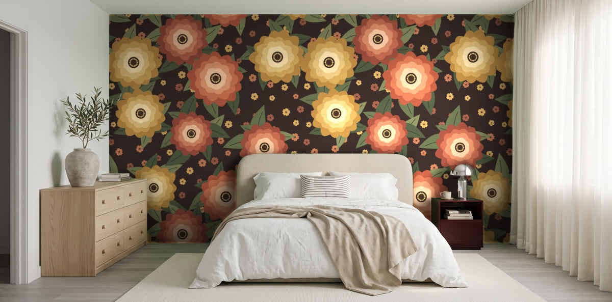 Papier peint Fleurs de nuit – Terracotta dans une chambre japandi