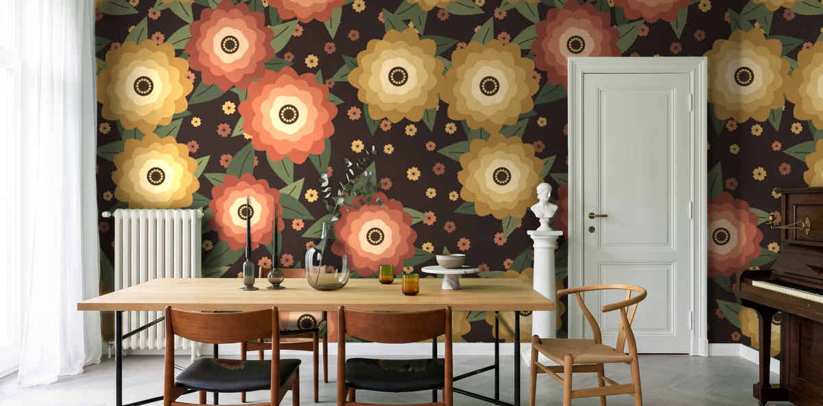 Papier peint Fleurs de nuit – Terracotta dans une salle à manger de maison de maître