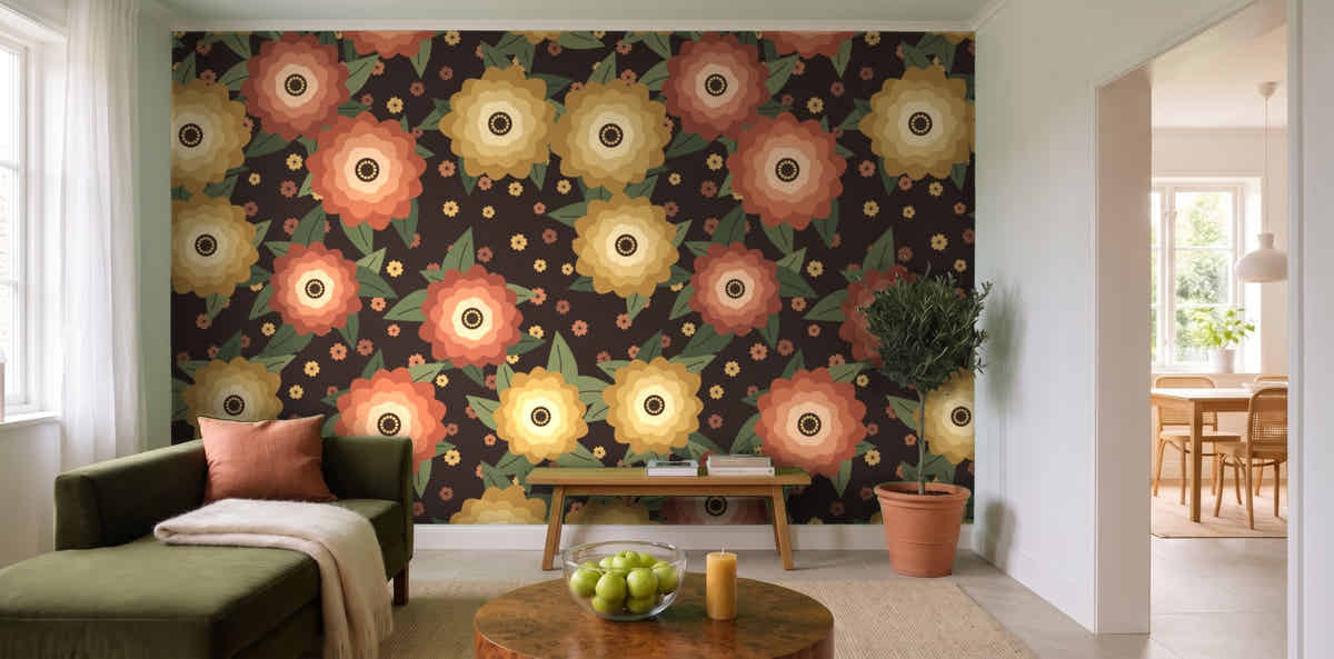 Papier peint Fleurs de nuit – Terracotta dans un salon lumineux