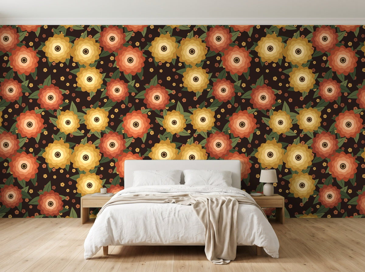 Papier peint Fleurs de nuit – Terracotta en situation (chambre)