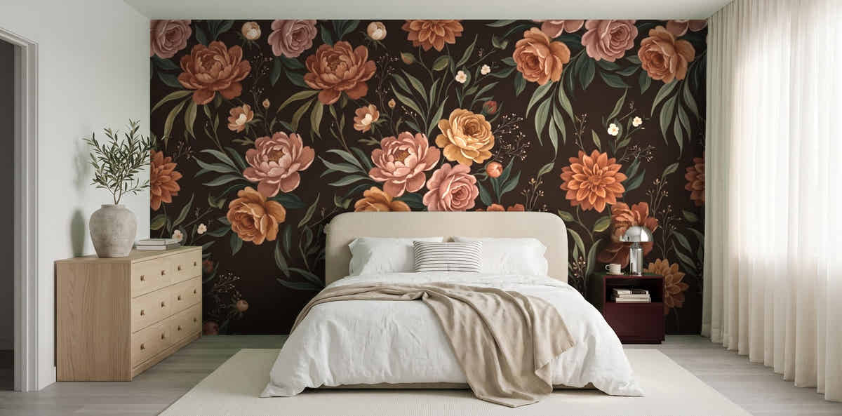 Papier peint Fleurs de velours – Chocolat dans une chambre japandi
