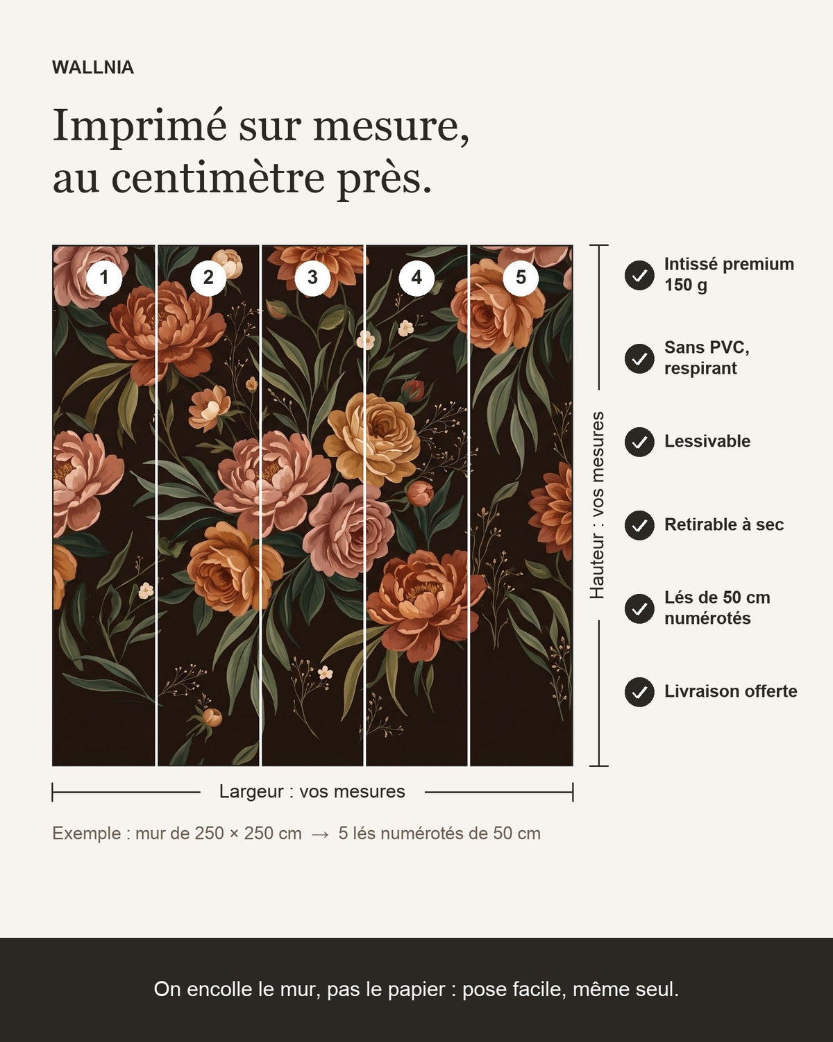 Infographie : papier peint Fleurs de velours – Chocolat sur mesure, lés de 50 cm