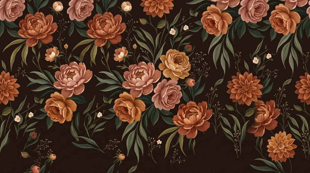 Papier peint panoramique Fleurs de velours – Chocolat, grandes pivoines et roses terracotta sur fond chocolat
