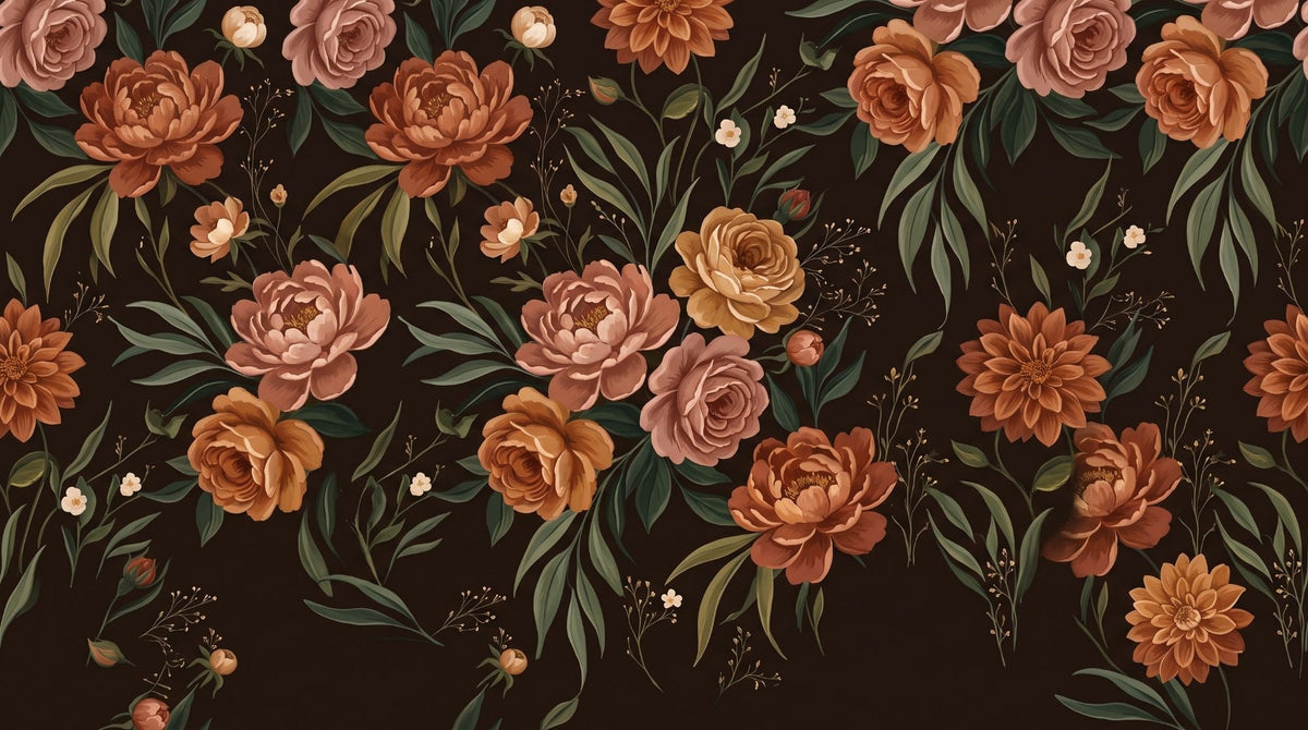 Papier peint panoramique Fleurs de velours – Chocolat, grandes pivoines et roses terracotta sur fond chocolat