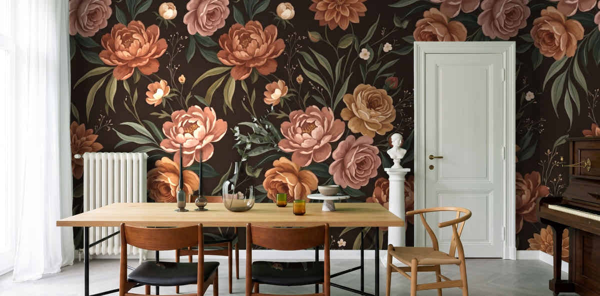 Papier peint Fleurs de velours – Chocolat dans une salle à manger de maison de maître